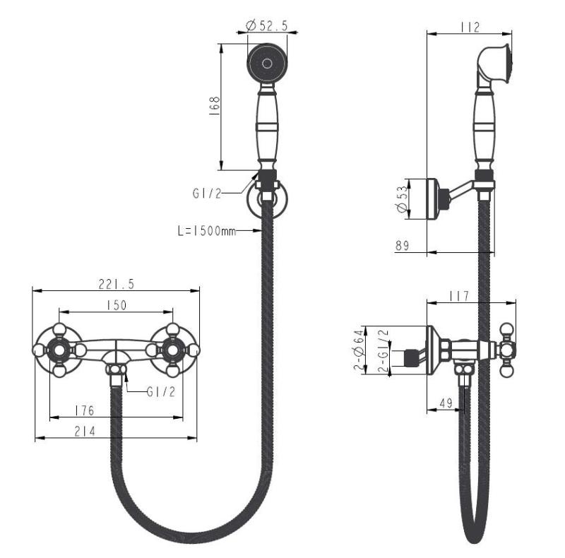 Aquanello Heritage Ascot Klasyczny zestaw prysznicowy z pokrętłami ze stali nierdzewnej, w tym ręczna słuchawka prysznicowa NB-2002-HA